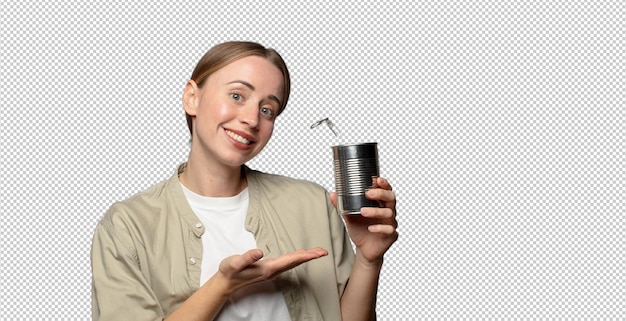 young adult blonde woman with a steel open can