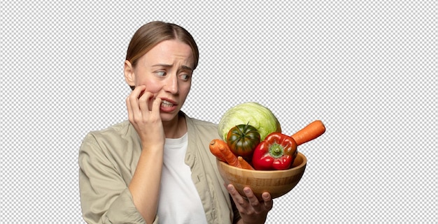 年轻的金发女人带着蔬菜 子概念 饼概念
