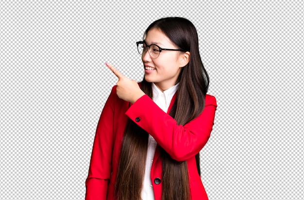 PSD Молодая взрослая симпатичная азиатская деловая женщина в красном блейзере и очках