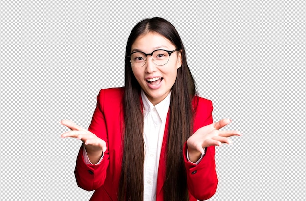 PSD young adult pretty asian businesswoman wearing red blazer and glasses