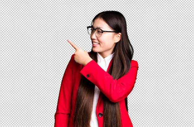 Young adult pretty asian businesswoman wearing red blazer and glasses