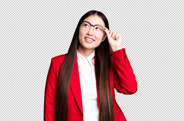 Young adult pretty asian businesswoman wearing red blazer and glasses