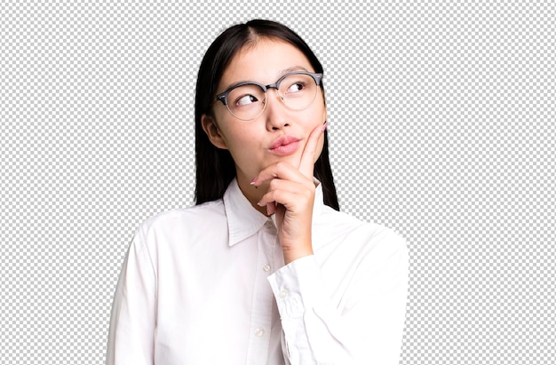 PSD young adult pretty asian expressive woman with a copy space to the side