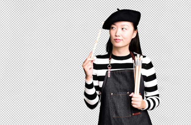 PSD ベレー帽塗装芸術学生コンセプトを持つ若い大人のかなりアジアの女性
