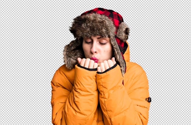 PSD young adult pretty woman wearing anorak and winter hat