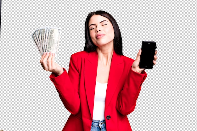 Young adult pretty woman with dollar banknotes and showing her smartphone