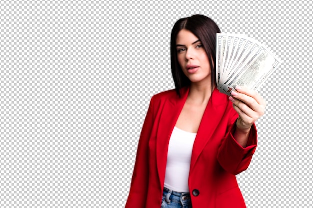 PSD young adult pretty woman with dollar banknotes