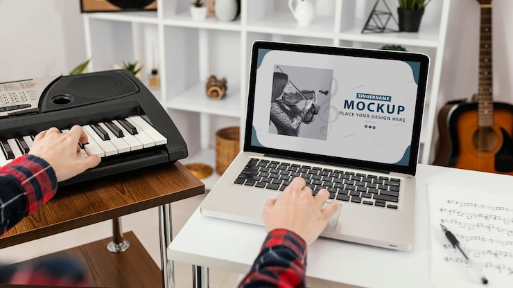 PSD young adult recording his music on device mockup