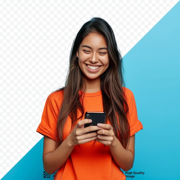 Young adult smiling happy pretty latin woman holding mobile phone device doing ecommerce online shopping on cell using apps on cellphone standing isolated on blue isolated background