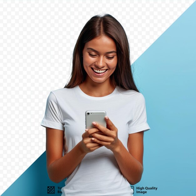 PSD young adult smiling happy pretty latin woman holding mobile phone device doing ecommerce online shopping on cell using apps on cellphone standing isolated on blue isolated background