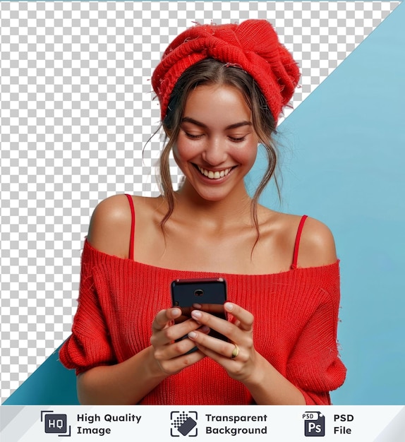 PSD young adult smiling happy pretty latin woman holding mobile phone looking at smartphone typing mess