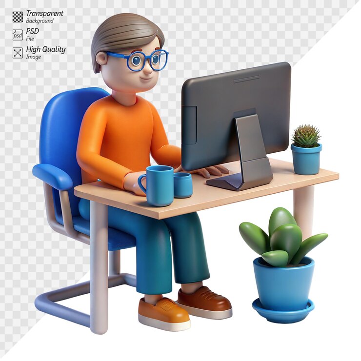 PSD young adult working from a modern home office setup