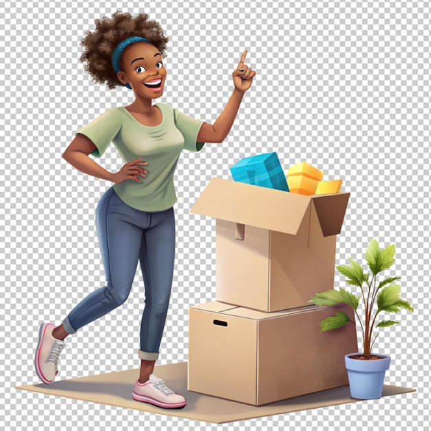 Young african girl moving to a new house on transparent background