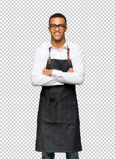 PSD young afro american barber man with glasses and happy