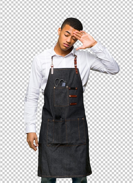 Young afro american barber man with tired and sick expression