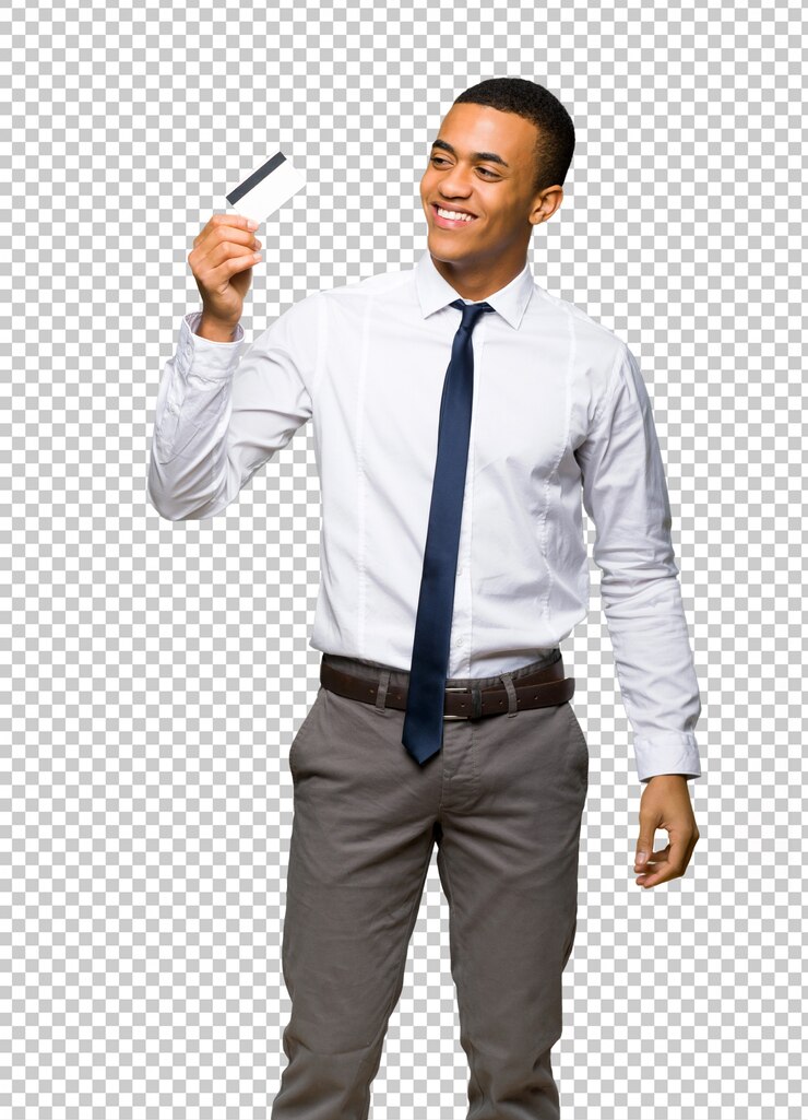 PSD young afro american businessman holding a credit card and thinking