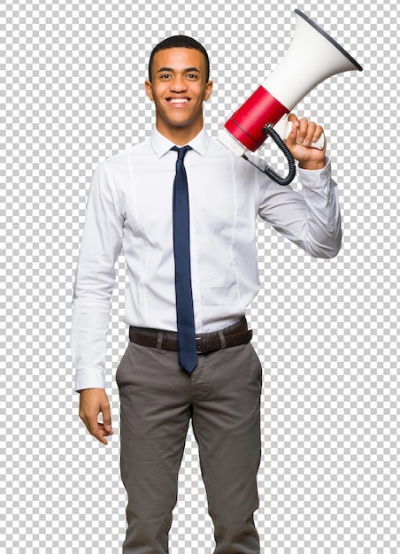 Young afro american businessman holding a megaphone