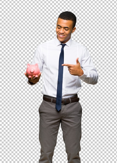 PSD young afro american businessman holding a piggybank