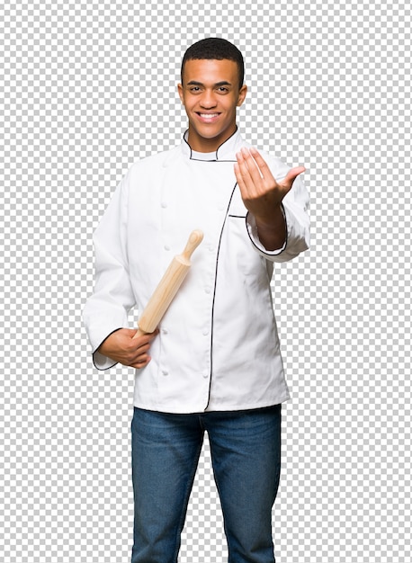 PSD young afro american chef man inviting to come with hand. happy that you came