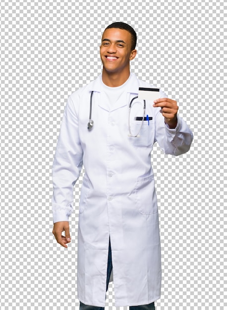 PSD young afro american man doctor holding a credit card