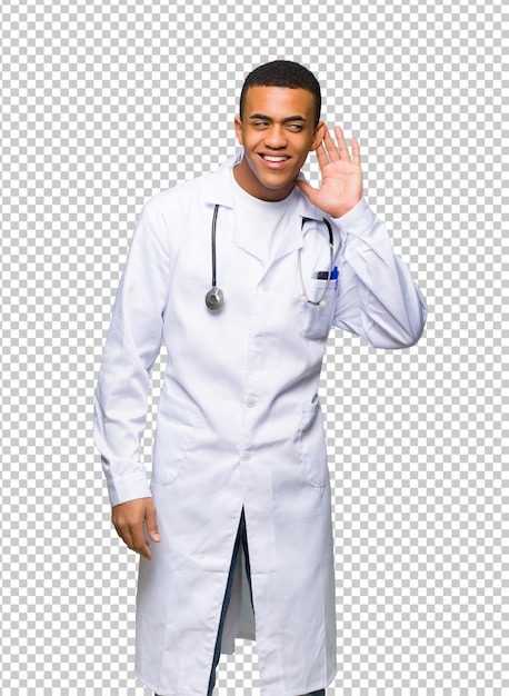 PSD young afro american man doctor listening to something by putting hand on the ear