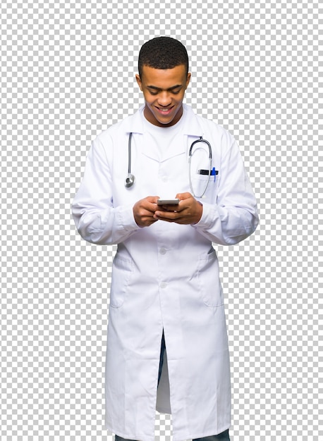 PSD young afro american man doctor sending a message with the mobile