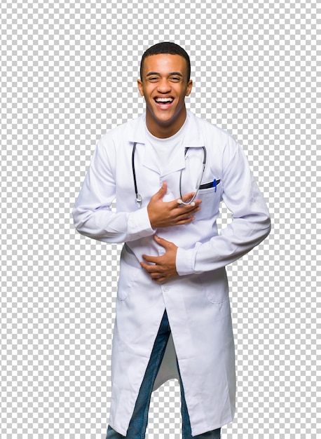 PSD young afro american man doctor smiling a lot while putting hands on chest