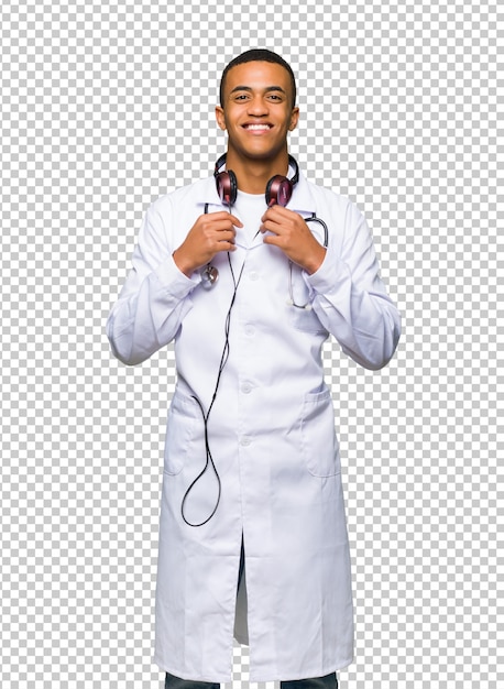 PSD young afro american man doctor with headphones