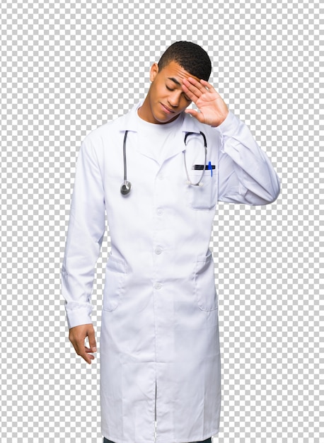 PSD young afro american man doctor with tired and sick expression