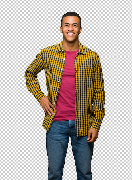 PSD young afro american man posing with arms at hip and smiling