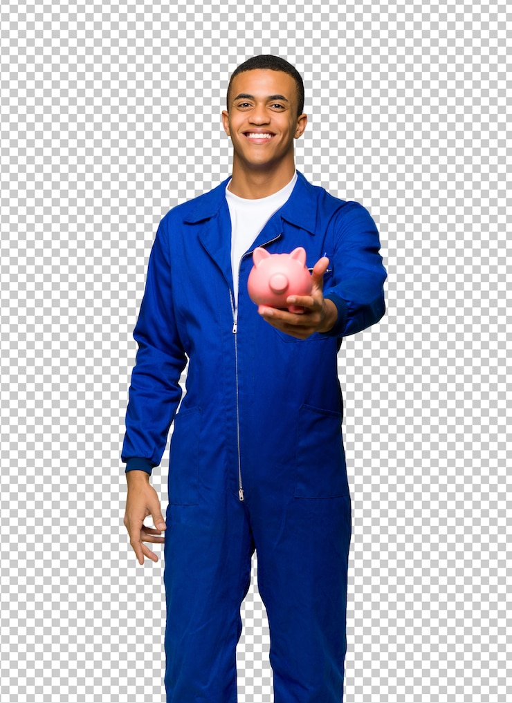 PSD 若いアフロアメリカンワーカー男、piggybankを保持
