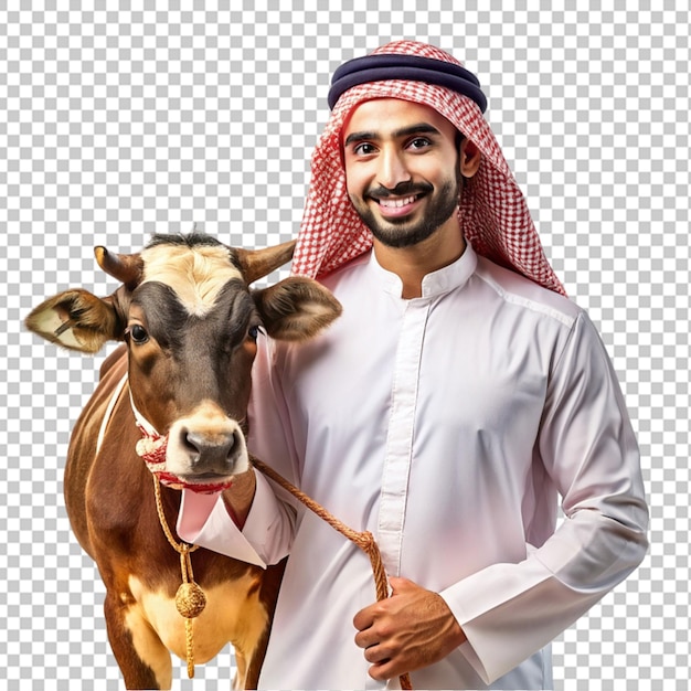 Young arabian man holding a cow transparent background