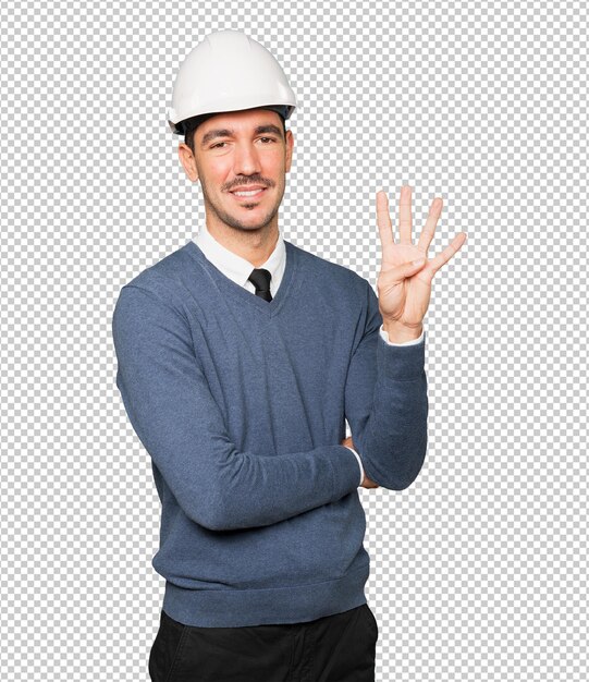 Young architect making a gesture of number four