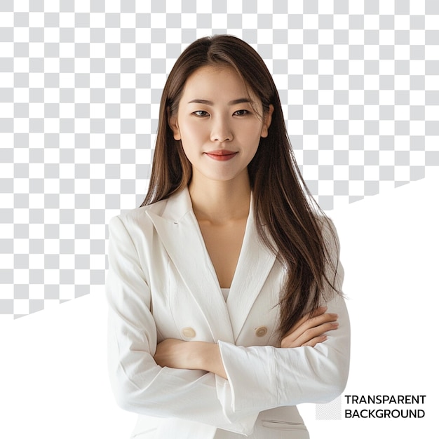 Young asian businesswoman wearing a white pantsuit on transparent background