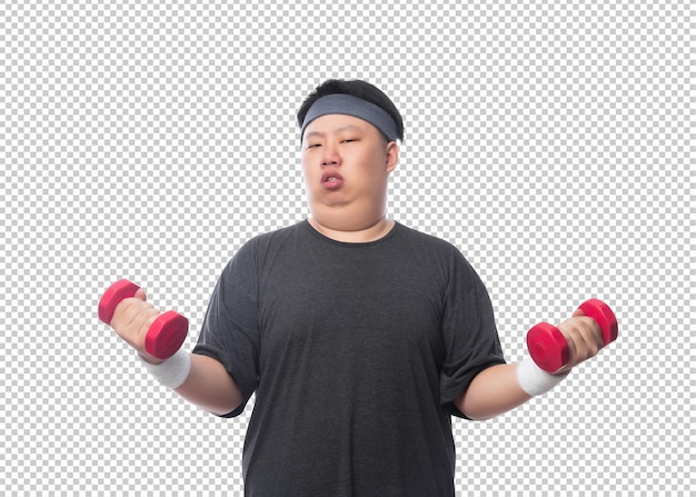 PSD young asian fat man is exercising with his dumbbell psd file