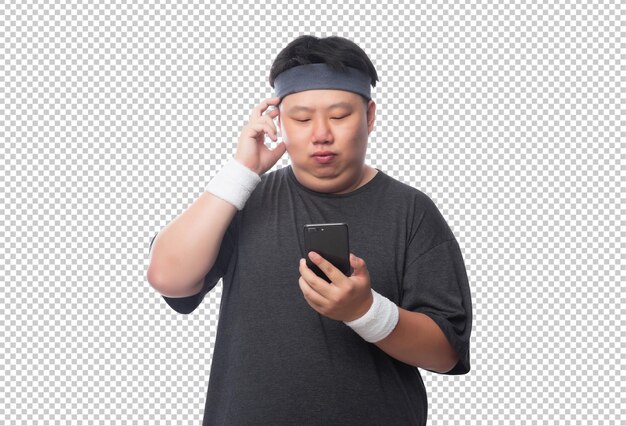 Young Asian fat sport man using smartphone Psd file