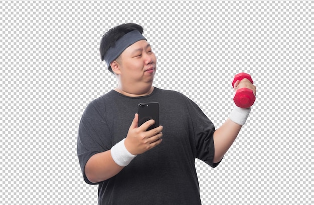 スマートフォンでPSDファイルを使用するアジアの若い太ったスポーツマン