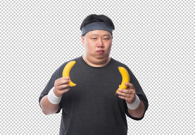 PSD young asian funny fat sport man with bananas psd file