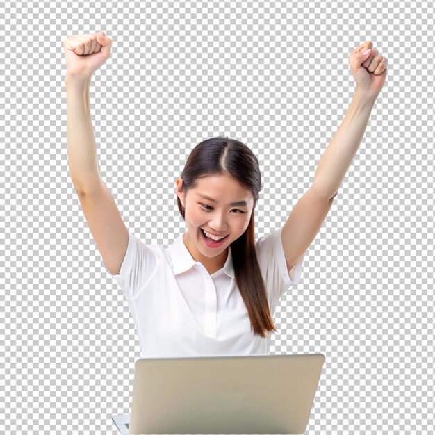 PSD young asian girl using laptop and so happy on transparent background