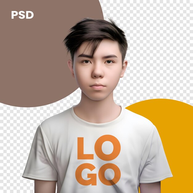 PSD 透明な背景に白いtシャツを着た若いアジア人男性 psdモックアップ