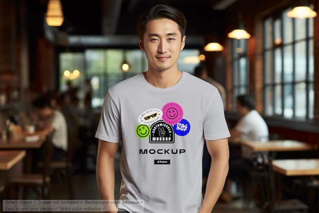 PSD 若いアジア人のtシャツモックアップ