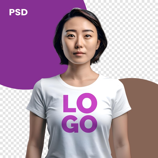 PSD 색 티셔츠를 입은 젊은 아시아 여성은 슬로건 psd 모크업과 함께 투명한 배경에 있습니다.