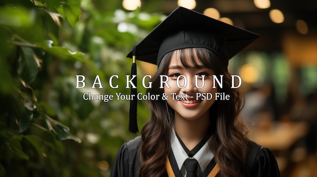 Young asian woman wearing graduate uniform smiling happily