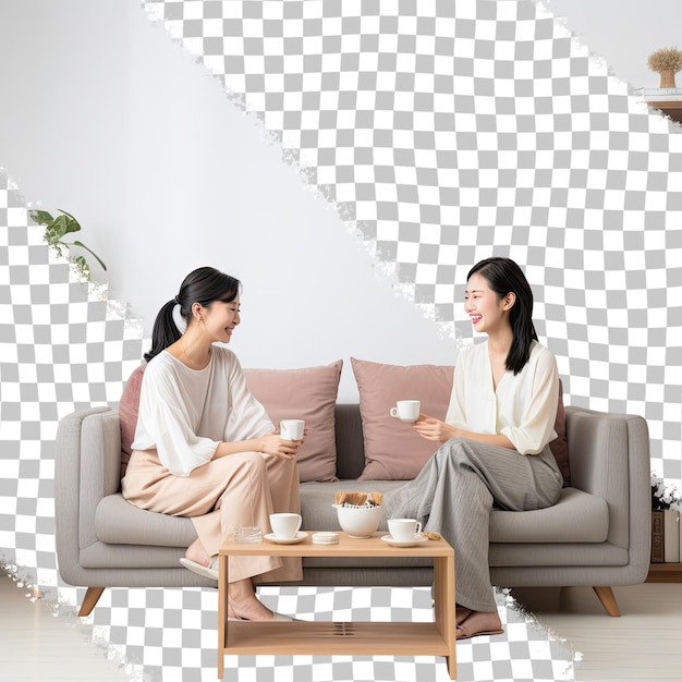 透明な背景に隔離されたリビングで話している若いアジア人女性