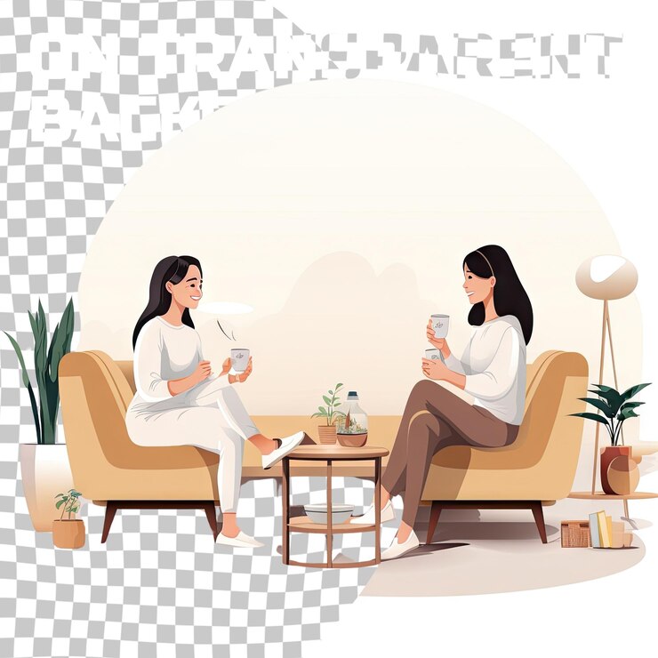 PSD 透明な背景に隔離されたリビングで話している若いアジア人女性