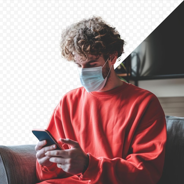 Young attractive man with curly hair dressed in a red sweatshirt using mobile in living room at home wearing a mask to protect himself from coronavirus new normal concept