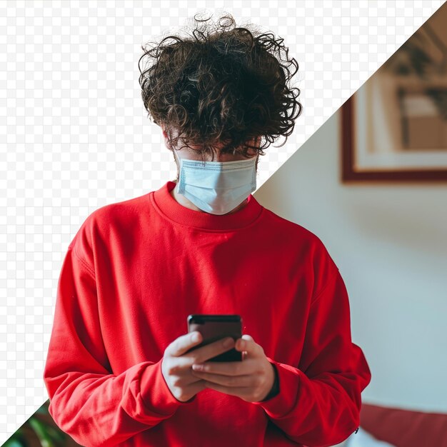 Young attractive man with curly hair dressed in a red sweatshirt using mobile in living room at home wearing a mask to protect himself from coronavirus new normal concept