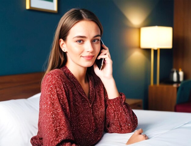 PSD young attractive woman using laptop and talking on phone in her home office