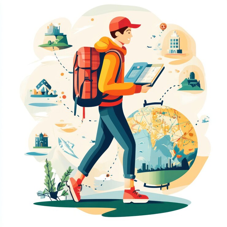 PSD young backpacker planning travel adventure map