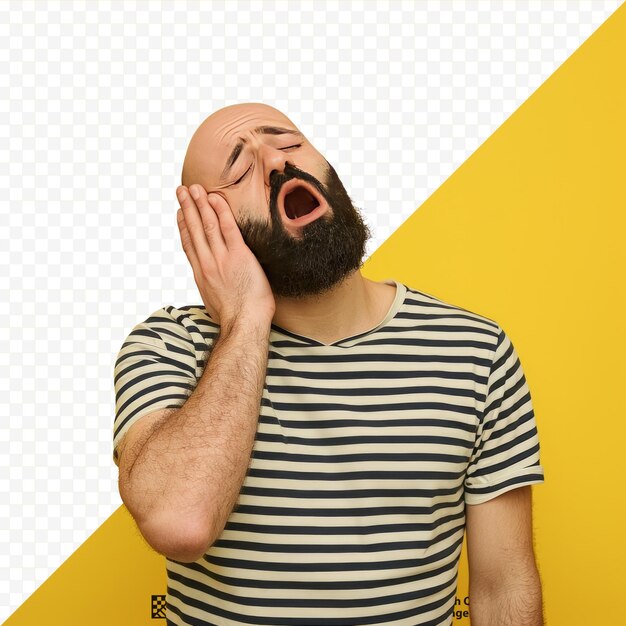 PSD young bald man with beard wearing casual striped t shirt over yellow isolated isolated background yawning tired covering half face eye and mouth with hand face hurts in pain